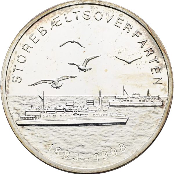 Margrethe II, Storebæltsmedaljen, 1998, Ag, 33 mm, 15 g, kv. Proof, enkelte håndteringsspor – i original æske med certifikat.