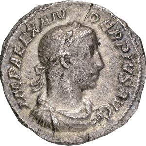 Det Romerske Kejserdømme, Severus Alexander, 222–235, Denar, P M TR P X COS III P P, RIC 109, 3,12 g, 1+.