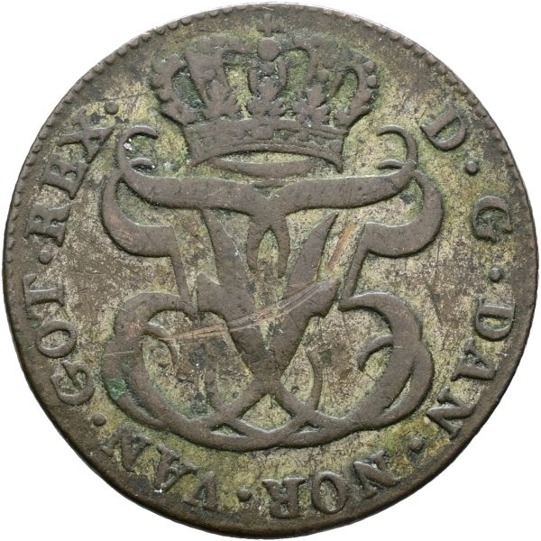 Dansk Vestindien, Frederik V, 24 skilling 1764, H 6, Sieg 7, KM 9, kv. 1+-1, samtidig forfalskning.