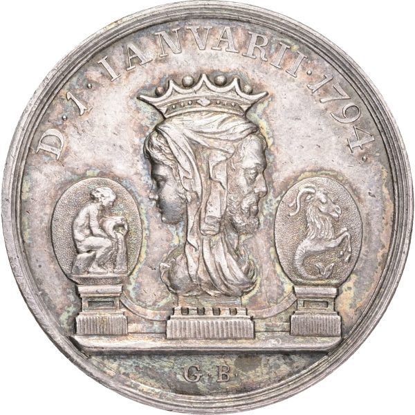 Christian VII, nytårsmedalje 1794, af Bauert, Bergsøe 9, Ag, 32 mm, 10,81 g, kv. 01-1+