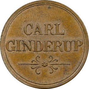 Carl Ginderup 25 øre u. år (1875), spillemønt, Sømod 4361, Ae, 22 mm, graderet MS 62 BN af NGC. Ex. L.E. Bruun.