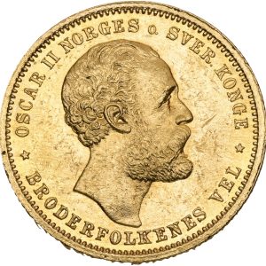 Norge, Oscar II, 20 kroner 1875, Sieg 103, NM 2, kv. 01, medaljeprægskarakter.