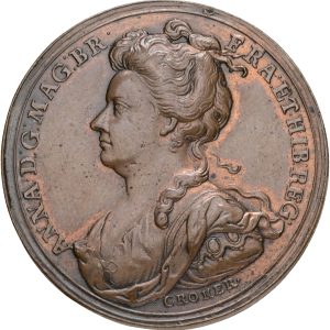 England, Anne (1702-1714), electrotype copy of 'Barcelona Relieved', 1706, by J. Croker, Eimer 418, 33.5 mm, 13.17 g, EF - very well-made electrotype copy.