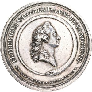 Christian VII, Frederik V's død, 1766, af D. J. Adzer, Galster 462, Ag, 53 mm, 79,68 g, kv. 01-1+, let pudset