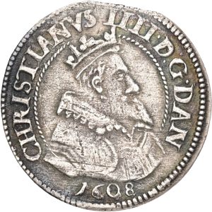 Christian IV, 8 skilling 1608, Sieg 54.2, H 93A, kv. 1+, blanketfejl.