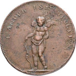 Sverige, Gustav IV Adolf (1792-1809), jeton, "L´Amour Est Aveugle, La Fortune Est Variable", u. år (1795), af C. G. Fehrman, Holst 170, Ae, 31 mm, 14,71 g, kv. 1+, korr.