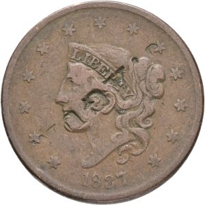 USA, Cent 1837, KM 45.2, VF-F - countermarked "J. AGUR."