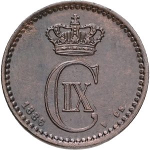 Christian IX, 1 øre 1886, Sieg 1.1, H 19A, kv. 1+, plet.