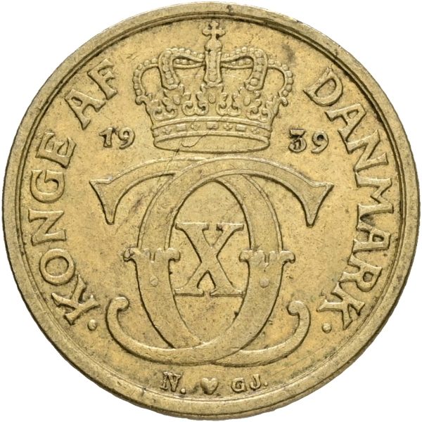 Christian X, 1/2 krone 1939, Sieg 1.2, H 22B, kv. 1+
