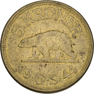Grønland, 5 kroner 1944, Sieg 5, H 4, kv. 01, pletter.