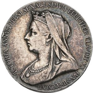 England, Victoria (1837-1901), Diamond Jubilee, 1897, by G. W. de Saulles, Eimer 1817b, Ag, 26 mm, 9.72 g, VF, small edge nick.