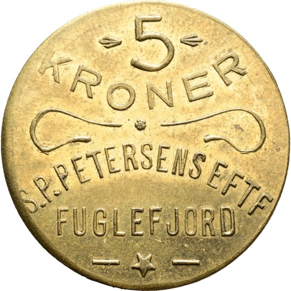 Færøerne, S.P. Petersens Eftf., Fuglefjord (1929-1933), 5 krone, kv. 0-01