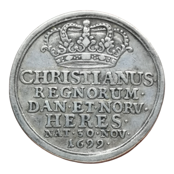 Frederik IV, Kronprins Christians fødsel, 1699, Galster 339, Ag, 26 mm, 9,86 g, kv. 1+.