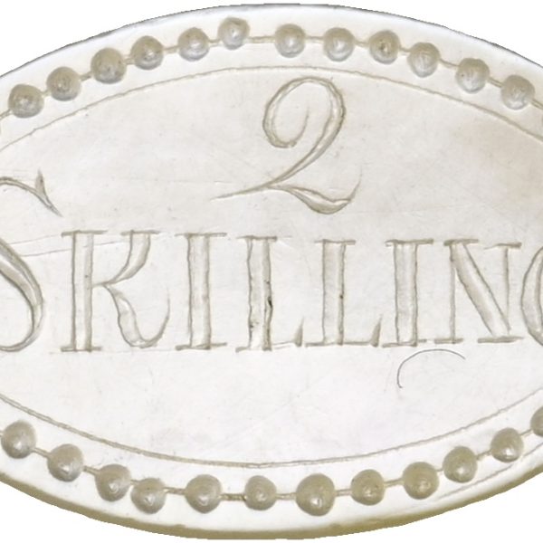 Jeton af perlemor, 2 skilling, formentlig fremstillet 1854-1875, Sømod 2833, 21 mm, 0,64 g.