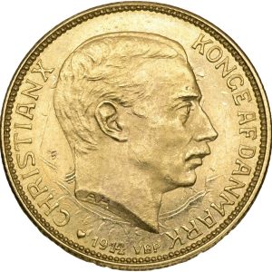 Christian X, 20 kroner 1914, H 1A, Sieg 3.1, F 299, fejlmønt - let brockage på forsiden, hvor omrids af våbenskjold ses. Sjældent med fejlmønter blandt danske guldmønter fra 20. årh.