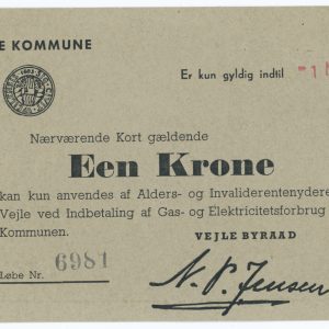 Vejle Kommune, 1 Krone 1945, nr. 6981, nødseddel, Sieg s. 393, kv. 0
