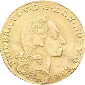Frederik V (1746-1766), København, Kurantdukat 1761 W/VH, H 22C, kv. 1+-1, renset, lille filespor, skrammer