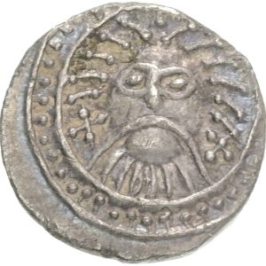 Ribe, ca. 720-755, Sceatta, af såkaldt Wodan (Odin) / Monster-type, Abramson 103-30; SCBI Abramson 345 (samme stempler); Schiesser NN 245 (dette eksemplar); S 797; N 116, kv. 01-1+/1+-1 , lidt korr. Flot, karakteristisk og tydeligt portræt.