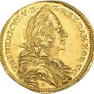 Frederik V (1746-1766), Dukat 1746, H 5A, S 9, F 258, 3,46 g, kv. 01, let buklet - nydeligt, let rødtonet eksemplar af denne sjældne type, der er præget af kinesisk guld
