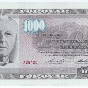 Færøerne, 1000 Kroner 1994 A0, nr. 0657071, Bent Klinte / Marita Petersen, Sieg 32, Pick 22, kv. 0, lidt 'tryksværte' fra produktionen i nedre margin