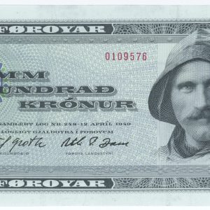 Færøerne, 500 Kroner 1978 A0, nr. 0109576, Leif Groth / Atli P. Dam, Sieg 31, Pick 21, kv. 0, lidt 'tryksværte' fra produktionen i marginer