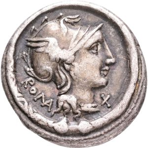 Roman Republic, L. Manlius Torquatus, 113-112 BC. Denarius. Rome. Helmeted head of Roma to right; ROMA (partially ligate) behind, X (mark of value) below chin; all within torque border. Rev. Warrior on horseback charging to left, holding spear and shield; Q to right, L•TORQVA below, EX•S•C in exergue. Crawford 295. 3.72 g. VF. Small scratches on obverse, fine old toning.