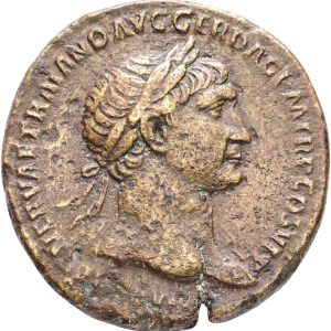 Roman Empire, Trajan (98-117), Rome, Sestertius. Obv: IMP CAES NERVAE TRAIANO AVG GER DAC P M TR P COS V P P.  Laureate bust right, with slight drapery. Rev: S P Q R OPTIMO PRINCIPI / S C.  Trajan standing left, holding thunderbolt and spear, and being crowned by Victory standing to right, holding palm frond. 22.83 g. RIC 549. Flan crack, strong portrait. VF