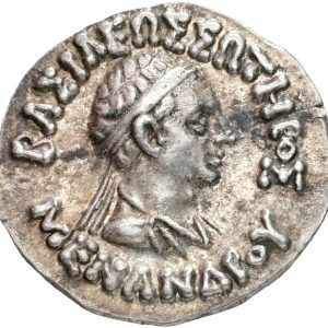Ancient Greece, Bactria, Indo-Greek Kingdom. Menander I Soter (c. 155-130 BC). Drachm. Diademed and draped bust right / Athena Alkidemos standing left; monograms to left, E to right. 2.44 g. Bopearachchi 13J; SNG ANS 805; HGC 12, 191. EF/AU. Ex. Münzen und Medaillen A.G., Basel, 27.11.1990, ticket enclosed.