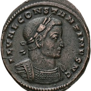 Roman Empire, Constantine I 'the Great', as Caesar, BI Nummus. Lugdunum, AD 307. FL VAL CONSTANTINVS N C, laureate and cuirassed bust to right / GENIO POP ROM, Genius, wearing modius on head, standing to left, holding cornucopiae and patera over altar; N in right field, PLC in exergue. 7.00 g. RIC VI 231. VF. Ex. Fyns Numismatiske Forening, auction, 04.12.2003.