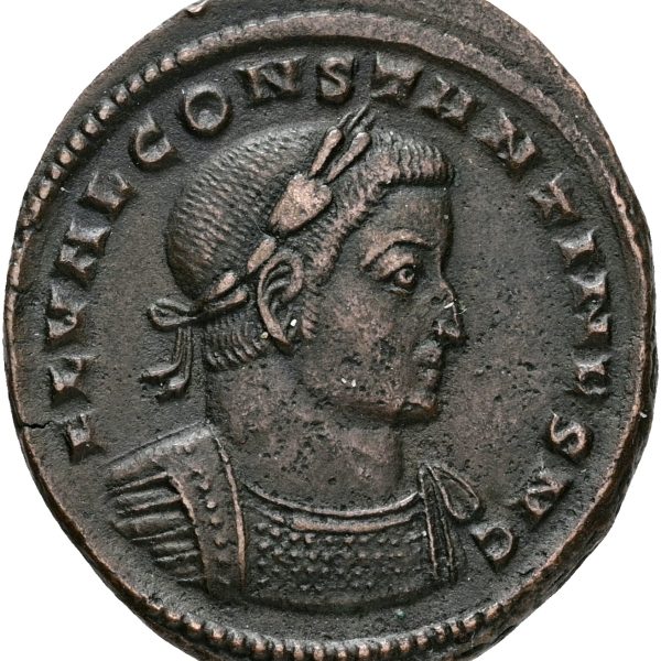 Roman Empire, Constantine I ‘the Great’, as Caesar, BI Nummus. Lugdunum, AD 307. FL VAL CONSTANTINVS N C, laureate and cuirassed bust to right / GENIO POP ROM, Genius, wearing modius on head, standing to left, holding cornucopiae and patera over altar; N in right field, PLC in exergue. 7.00 g. RIC VI 231. VF. Ex. Fyns Numismatiske Forening, auction, 04.12.2003.