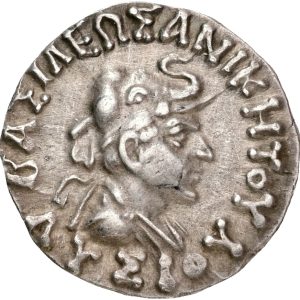 Ancient Greece, Bactria, Lysias, c. 130-125 BC, Drachm. Obv: Diademed and draped bust r., wearing elephant skin. Rev: Herakles standing facing, crowning himself and holding club, palm, and lion's skin; monogram in lower l. field. 2.44 g. Bopearachchi 4C. VF. Ex. Münzen und Medaillen A.G, Basel at Coin Fair in Zürich 28.10.1990.