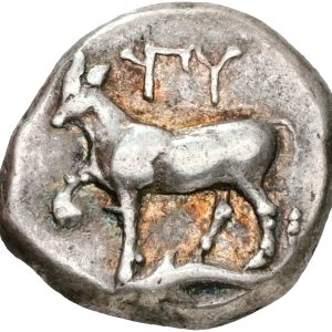Ancient Greece, Thrace, Byzantion, c. 340-320 BC, Half Siglos. Bull standing left on dolphin left / Mill-sail pattern incuse. 2.44 g. HGC 3, 1390. EF-VF. Ex. Galata Coins, Wales, 12.10.1989.