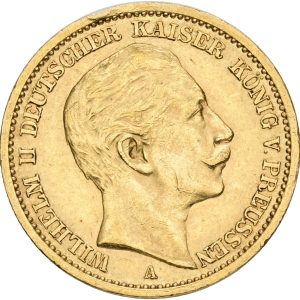 Germany, Prussia, Wilhelm II (1888-1918), 20 Mark 1908 A, KM 521, F 3831, EF-VF/EF, edge nick.