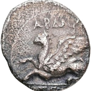 Ancient Greece, Thrace, Abdera, c. 360-350 BC. Drachm, Molpagoes, magistrate. Griffin springing left / Wreathed head of Dionysos right in linear square. 2.39 g. HGC 3, 1221. VF. Ex. Tamco Numismatics at Coin Fair in Hannover, 01.05.1994.