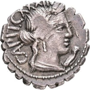 Roman Republic, C. Marius C. f. Capito. Rome, Serrate Denarius, 81 BC. Obv: draped bust of Ceres right; CAPIT•XXXXIII behind (control numeral) behind, prow-stem (control mark) below chin. Rev: ploughman with yoke of oxen left; XXXXIII above, C•MARI•C•F S•C in two lines in exergue. 3.94 g. Crawford 378/1c. VF. Ex. B. Ahlström Mynthandel AB at Coin Fair in Copenhagen, 06.11.1993.