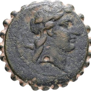 Ancient Greece, Seleukid Empire, Demetrios I Soter (162-150 BC). Antioch on the Orontes. AE Serrate. Laureate head of Apollo to right, bow and quiver over shoulder / ΒΑΣΙΛΕΩΣ ΔΗΜΗΤΡΙΟΥ, tripod. 14.85 g. SC 1644; HGC 9, 821. VF-F. Ex. B. Ahlström Mynthandel AB at Coin Fair in Copenhagen, 06.11.1993.