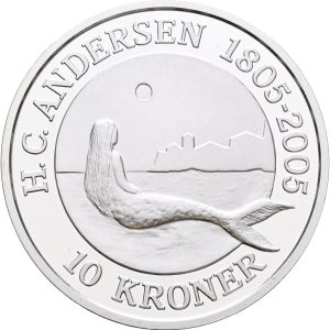 Margrethe II, 10 kroner 2005, Den Lille Havfrue, H. C. Andersen 1805-2005, Ag, Sieg 5, kv. Proof, i original kapsel og æske med certifikat. Modelfoto.