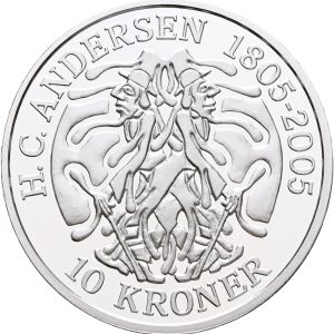 Margrethe II, 10 kroner 2006, Skyggen, H. C. Andersen 1805-2005, Ag, Sieg 8, kv. Proof, i original kapsel og æske med certifikat. Modelfoto.