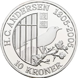 Margrethe II, 10 kroner 2007, Nattergalen, H. C. Andersen 1805-2005, Ag, Sieg 14, kv. Proof, i original kapsel og æske med certifikat. Modelfoto.