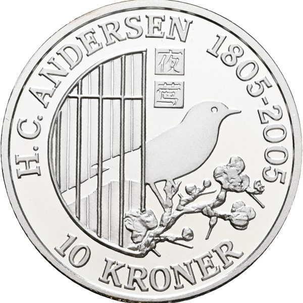 Margrethe II, 10 kroner 2007, Nattergalen, H. C. Andersen 1805-2005, Ag, Sieg 14, kv. Proof, i original kapsel og æske med certifikat. Modelfoto.