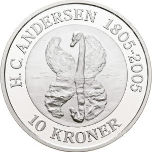 Margrethe II, 10 kroner 2005, Den Grimme Ælling, H. C. Andersen 1805-2005, Ag, Sieg 2, kv. Proof, i original kapsel og æske med certifikat. Modelfoto.