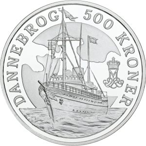 Margrethe II, 500 kroner 2008, Dannebrog, skibsmønt, Ag, Sieg 5B, kv. Proof, i original kapsel og æske med certifikat. Modelfoto.