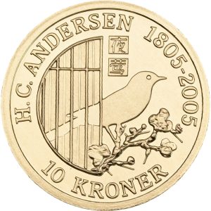 Margrethe II, 10 kroner 2007, Nattergalen, H. C. Andersen 1805-2005, Au (900/1000), 8,65 g, Sieg 15, F 305, kv. Proof, i original kapsel og æske med certifikat. Modelfoto.