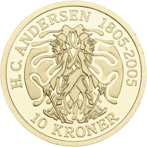Margrethe II, 10 kroner 2006, Skyggen, H. C. Andersen 1805-2005, Au (900/1000), 8,65 g, Sieg 9, F 303, kv. Proof, i original kapsel og æske med certifikat. Modelfoto.