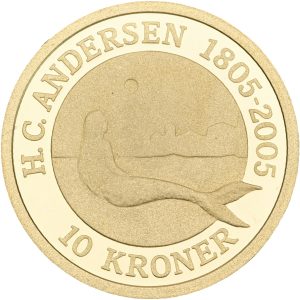 Margrethe II, 10 kroner 2005, Den Lille Havfrue, H. C. Andersen 1805-2005, Au (900/1000), 8,65 g, Sieg 6, F 302, kv. Proof, i original kapsel og æske med certifikat.