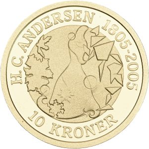 Margrethe II, 10 kroner 2006, Snedronningen, H. C. Andersen 1805-2005, Au (900/1000), 8,65 g, Sieg 12, F 304, kv. Proof, i original kapsel og æske med certifikat. Modelfoto.