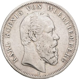 Germany, Karl I, Würtenburg, 5 Mark 1876, KM 623, VF-F