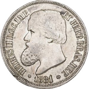 Brazil, Pedro II, 1000 Reis 1881, KM 481, VF-F, edge nicks.