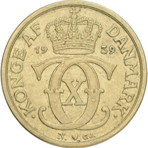 Christian X, 1/2 krone 1939, H 22B, Sieg 1.2, kv 1+
