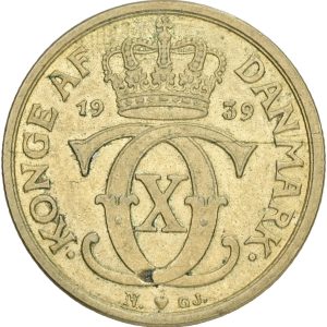Christian X, 1/2 krone 1939, H 22B, Sieg 1.2, kv 1+